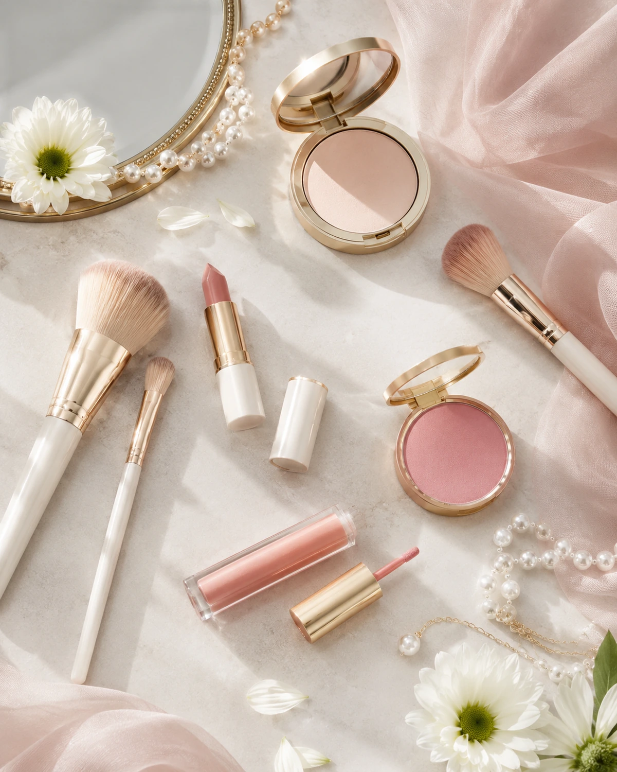 Elegant beauty flat lay with makeup brushes, blush, pearls and daisy flowers
